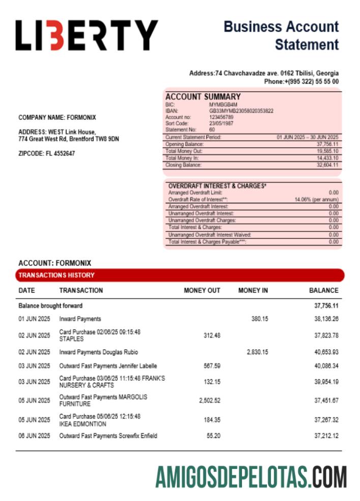 Declaração de conta corrente da organização Liberty Bank em formato Word e PDF